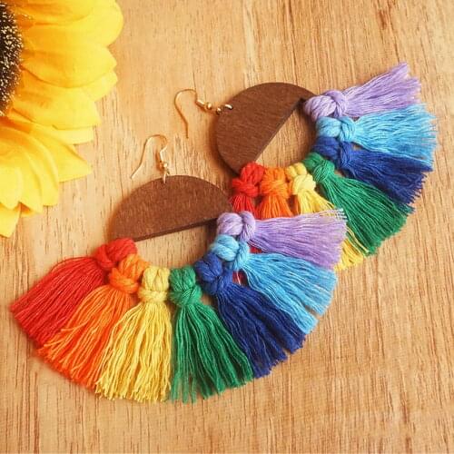 Bohemia New Style Rainbow Cotton Tassel Earrings for Women 2021 Hot Sale Open Circle Wood Statement Earrings Jewelry Wholesale