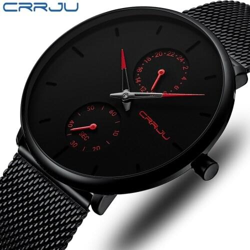 CRRJU Watches Top Brand Luxury Red Quartz Watch Men Stainless Steel Waterproof Mens Wristwatches Calendar Analog Male Clock