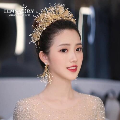HIMSTORY Handmade Gold Leaf Rhinestone Bridal Hairband Headdress Crystal Brides Hairbands Wedding Party Prom Hair Accessory