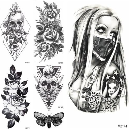 Cool Gangster Temporary Tattoos Fake Geometric Death Skull Tatoos Waterproof Black Planets Flower Tattoos For Women Men Body Art