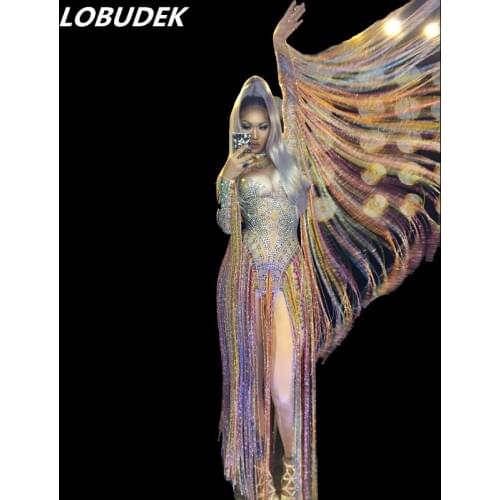 Nightclub Women Singer Dancer Costume Colorful Tassels Sleeve Rhinestones Jumpsuit Elastic Skinny Bodysuit DJ Sexy Stage Wear