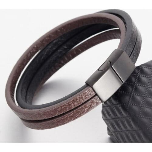 Punk Multi-layer Stainless Steel Buckle Black/Brown Genuine Leather Bracelet For Men Women Classic Design For Surprise Gift