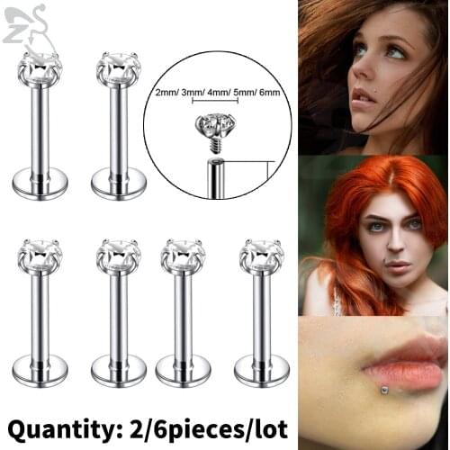 ZS 2/6pcs/Lot 16g Stainless Steel Labret Lip Piercing Set for Women Crystal Labret Lip Ring Ear Helix Tragus Cartilage Piercing