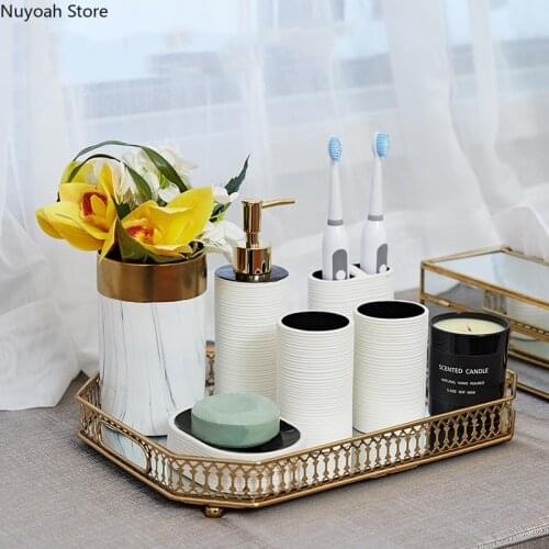 European Style Matte Stripe Bathroom Set Ceramic Brushed Toothbrush Holder Cup Soap Dish Emulsion Bottle Bathroom Decoration