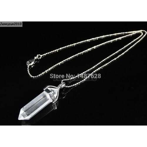 Natural Crystal Quartz Gems Stones Hexagonal Pointed Healing Reiki Chakra Pendant Beads Silver 17'' Chain Necklace 5 Sets/Pack