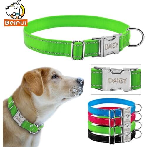 Reflective Engraved Dog Collar Nylon Personalized Night Safe Collars with Metal Adjustable Buckle For Small Medium Large Pet