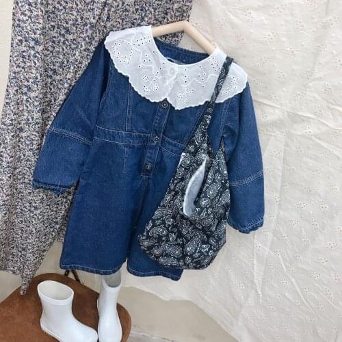 2021 Spring New Kids Girls Korean Style Sweet Denim Dress Lace Collar Children Fashion Casual Clothing Cotton, #9432