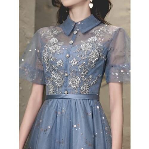 New greydish blue midcalf suit collar lady girl women princess performance banquet party ball dress daily wear. gown