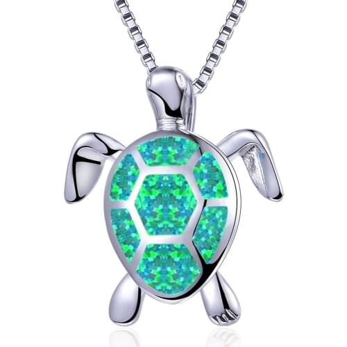 Big Turtle Pendants Necklaces For Women Luxury Green Purple White Blue Fire Opal Necklace Female Silver Color Wedding Necklace
