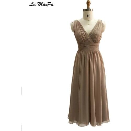Pleated Tea Length Champagne Bridesmaid Dress CMT110