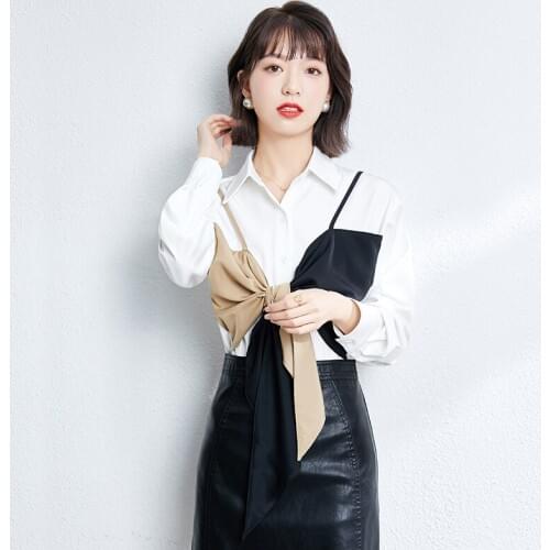 Shirt spring style temperament design sense fake two white shirt stitching straps oversized bow blouse