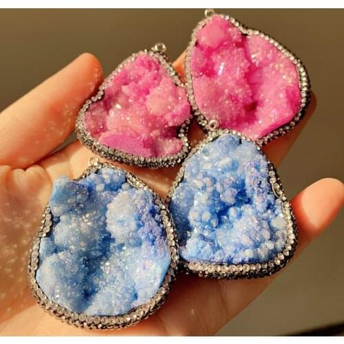 Blue Quartz Pink Crystal Pendant Natural Agates Stone Pendulum Big Raw Rocks Mineral Cluster Crystal Necklace for Women Healing