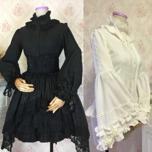 Vintage Lolita Blouse Black White Lace Puff Sleeves Shirt Women Stand Collar Female Gothic Lolita Shirt Girl Lolita Dress SL2917
