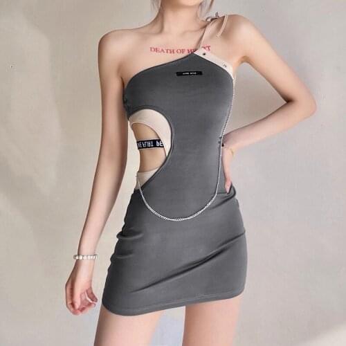 Women One Shoulder Sexy Hollow Out Bodycon Irregular Dress 2021 Summer Sleeveless High Waist Strapless Solid Dress