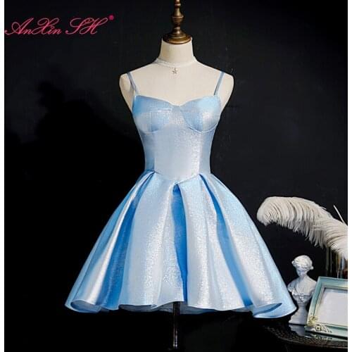 AnXin SH Luxury princess sky blue sparkly satin spaghetti strap sleeveless a line party short blue evening dress