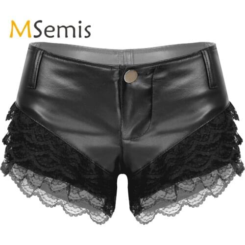 Lingerie Womens Underwear PU Leather Lace Patchwork Shorts Erotic Sexy Shorts Pants Fashion Low Waist Button Sexy Pants Clubwear