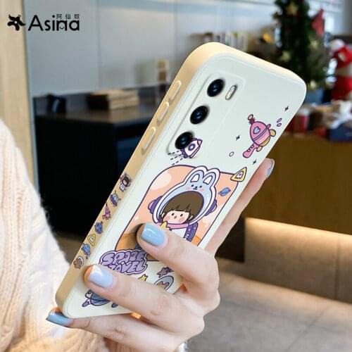 ASINA Liquid Silicone Case For Huawei P40 P30 P20 Pro Cover Cartoon Capa Straight Edge Cases For Nova 3 3i 4 5t 6 7 8 Space Girl