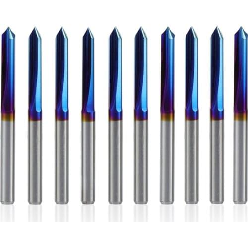 10pcs 3.175mm blue nano coated cnc rod v shape engraving bit 2 straight flute v bit for wood 20 30 45 60 90 degrees