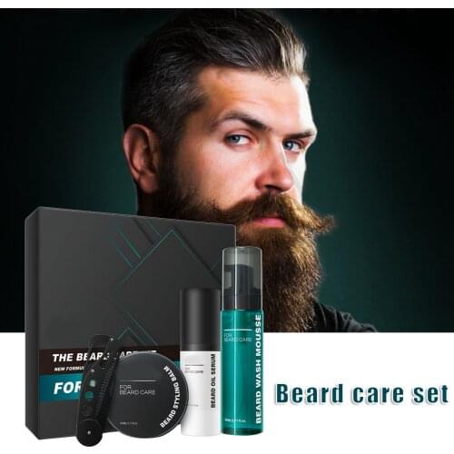 4Pcs/Set Men Beard Growth Kit For Beard Growth And Thickening Beard Oil Lotion/Clean Mousse/Styling Balm/Foldable Comb Beard Kit
