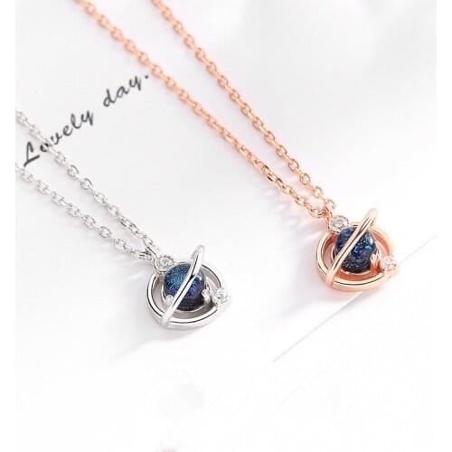 925 Sterling Silver Dream Planet Pendant Necklace With CZ Stone And Blue Glazed Glass Charm Clavicle Chain Necklace For Women