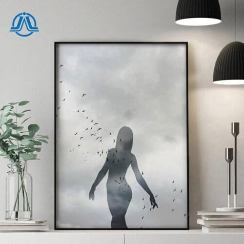 Girl with Bird Abstract Wall Art Canvas Painting Surrealism Nordic Posters and Prints Wall Pictures for Living Room Office Decor