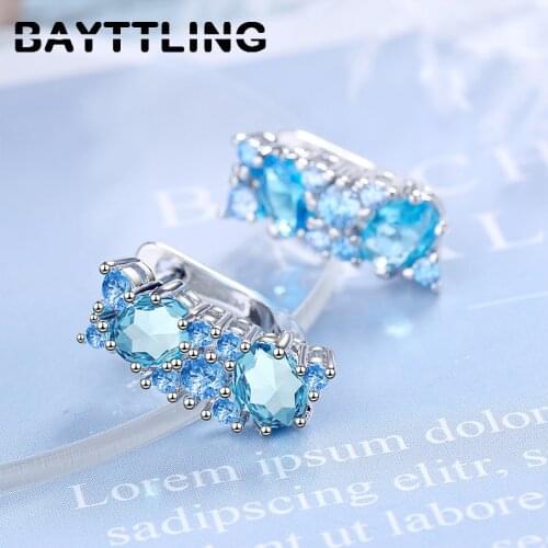 BAYTTLING 925 Silver 20MM High Quality Fine Blue Zircon Circle Earrings For Women Fashion Jewelry Wedding Birthday Gift
