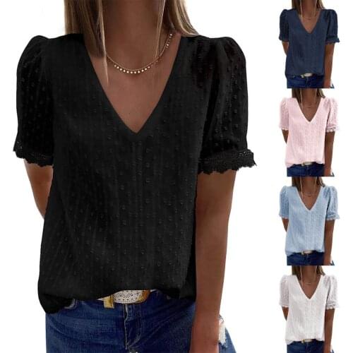Plus Size Fashion Lace Blouse Shirt Loose Sexy V-Neck Tops Casual Summer Ladies Women Elegant Short Sleeve Blusas Pullover Tops