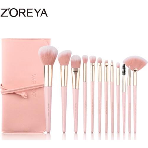 Zoreya Brand 12pcs Pink Soft Synthetic Cruelty Free Makeup Brushes Powder Foundation Blending Lip Concealer Eye Shadow Brush Set