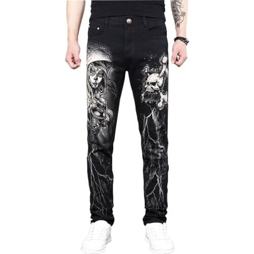 Skull Printed Denim Pants Mens Fashion Slim Black Painted Straight Pants Cool Streetwear New Spring Summer Male Long Trousers