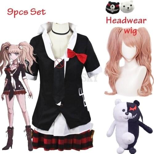 Dangan Ronpa Danganronpa Enoshima Junko Cosplay Wig Pink Long Wavy with Ponytail Clip Heat Resistant Wig Bear Hairpins Costume