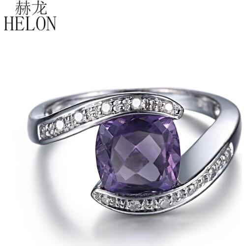 HELON Solid 14k White Gold Flawless Cushion 8mm Genuine Amethyst Diamonds Engagement Ring Gemstone Band Party Fine Jewelry Women