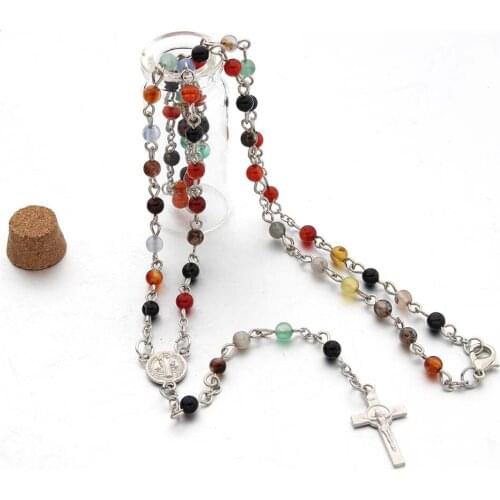 Hot Selling Cross Pendant Necklace Natural stone beads Rosary Glass bottle Mini Coin Necklaces Pendants Religious Jewelry
