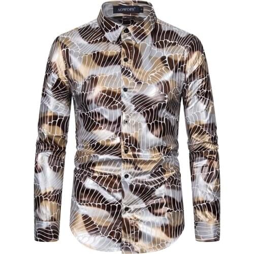 Mens Dress Shirts Spring 2021 Mens Night Club Disco Long Sleeve Shirt Covered with Plastic Film Hot Stamping and Elastic