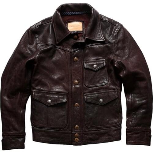 Mens Genuine Leather Jacket Real Sheepskin Oil Wax Leather Jacket Motorcycle Clothing Leather Jacket