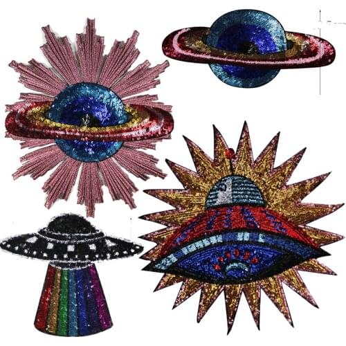 Universe Sequined Planet Spaceship Patches Iron on Appliques Embroidered Patch for Clothes T-shirt DIY Decoration Accessories