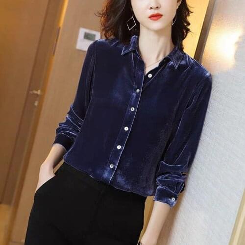 HStar Office Lady Blue Velvet Blouse Button Down Shirt For Women Black Casual Spring New Long Sleeve Plus Size Tops Shirts