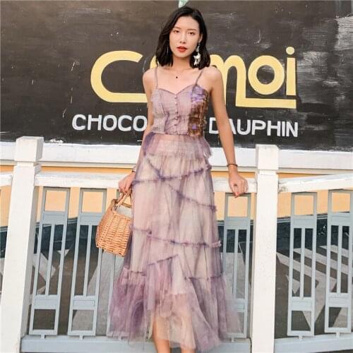 DUISNENA boho dress strap top and tulle mesh skirt women suit chiffon sequin fairy dress sexy mujer irregular vestidos