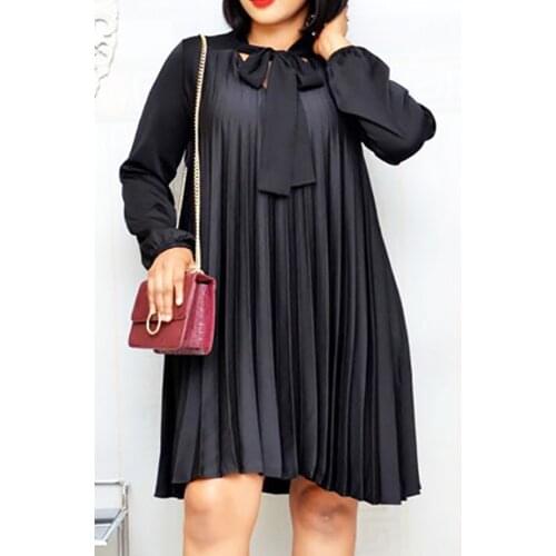 Plus Size Pleated Dresses With Bowtie Long Lantern Sleeves Knee Length Women Fashion Summer Autumn Female African Vestidos New