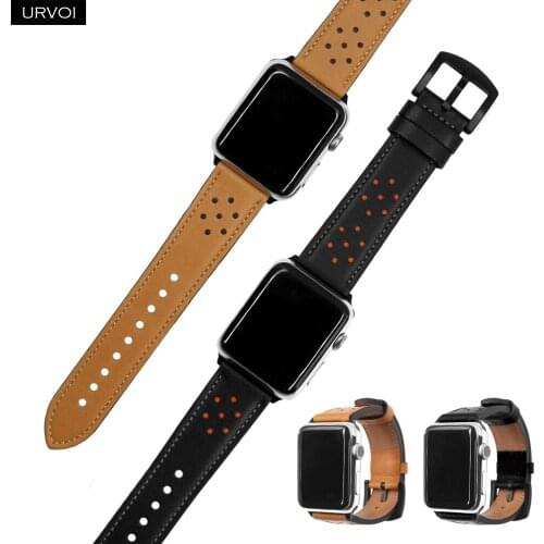URVOI band for Apple Watch series 6 5 4 3 2 1 SE plum blossom hole genuine leather strap for iWatch classic pin buckle black
