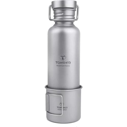 TOMSHOO 750ml Full Titanium Water Bottle w Extra Plastic Lid Ultralight Outdoor Camping Hiking Cycling Water Bottle for drinking