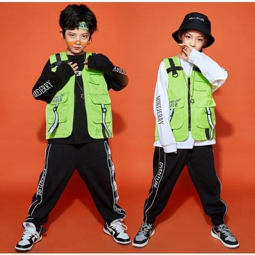 Hip Hop Costumes Kids Green Vest Sport Pants For Boys Girls Hip Hop Jazz Dance Wear Ballroom Dancing Clothes Stage Suits BL5356