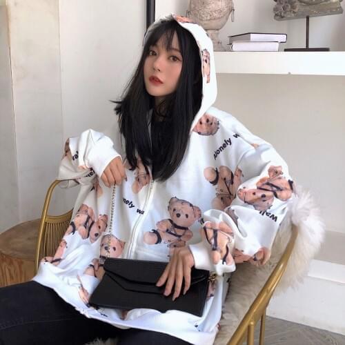 Trendy Full Print Pattern Little Bear Women Jackets Coats Loose Overcoat 2020 Spring Autumn Female White Hooded Hoodie Oversize