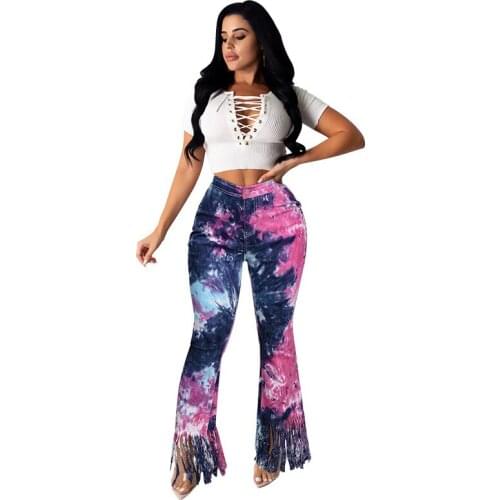 Women Bell Bottom Jeans Fashion Tie-dye Print Skinny Blue Jeans Woman Casual Tassel Side Flare Pants Streetwear