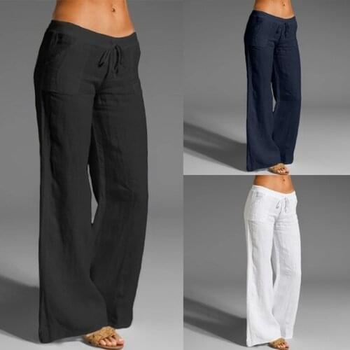 Women Sping Autumn Linen Pants Summer Casual Solid Elastic Waist Trousers Ladies Vintage Pantalon Plus Size Long Wide Leg Pants