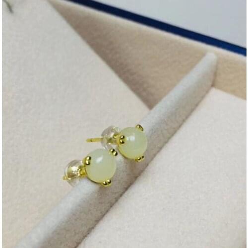 925 Sterling Silver Natural Chinese Hetian White Jade Stud Earrings For Women Jewelry