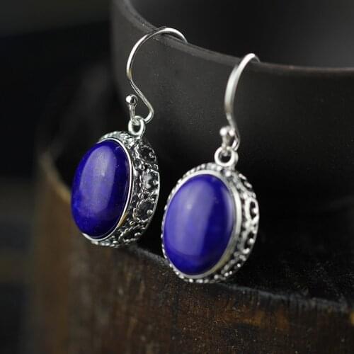Thai Silver 925 Sterling Silver Natural Lapis lazuli Drop Earrings For Women Vintage Handmade Silver Earrings Christmas Gift