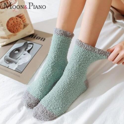 Woman Warm Socks Comfortable Thick Coral Fleece Home Sleep Candy Color Stitching Cute Sweet Girl Casual Sock 2021 New Winter