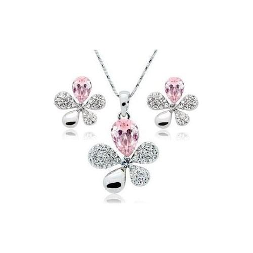 Fine Jewelry Womens Wedding Set Five-leaf Flower Pink Heart 925 Sterling Silver Necklace Earrings S0153