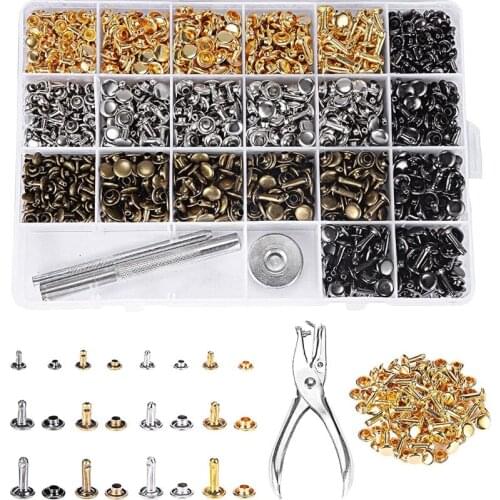 720 Sets 3 Sizes Double Cap Tubular Metal Stud Earrings with Fixing Tools Punch Pliers Storage Box for DIY Leather Craft