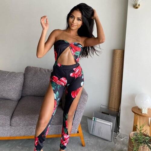 BKLD Sexy Club Summer 2021 Women Clothing Sleeveless Hollow Out Open Back Floral Printed Strapless Jumpsuit One Piece Outfits